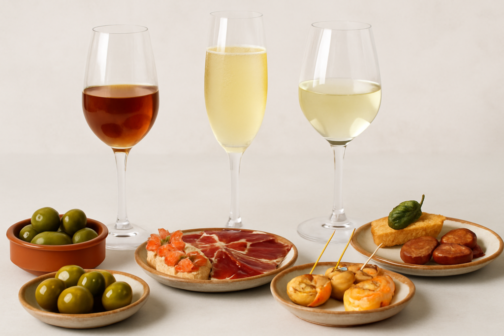 Selection of Spanish wines including sherry, Cava, and Albariño with assorted tapas plates