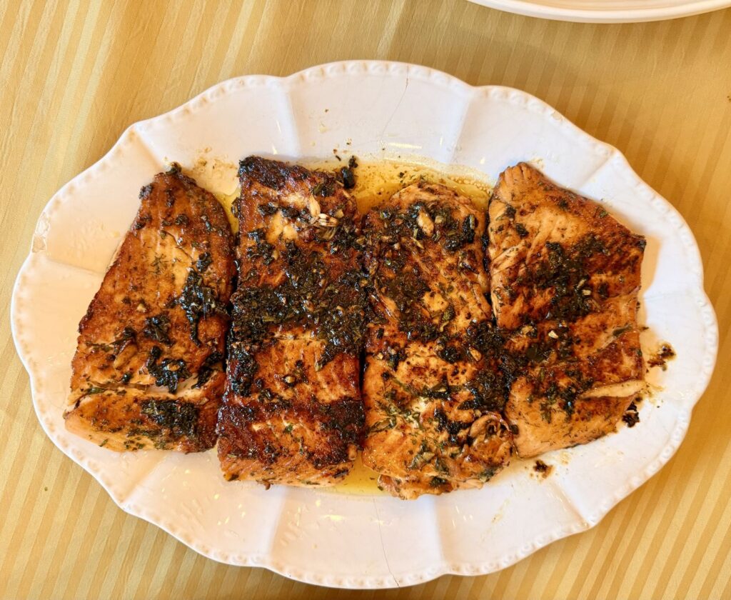 Pan-seared Atlantic salmon with maple Dijon herb glaze by Chef Nino